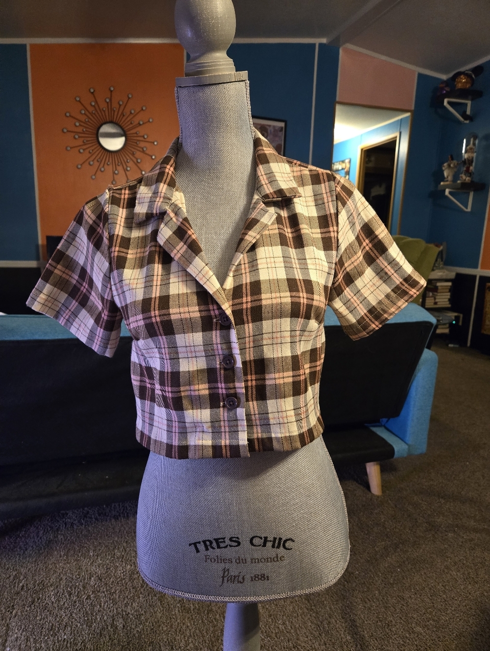 Dizzy Lizzy Brown Pink White Plaid Button Down Crop Top US Women's Size L Cute